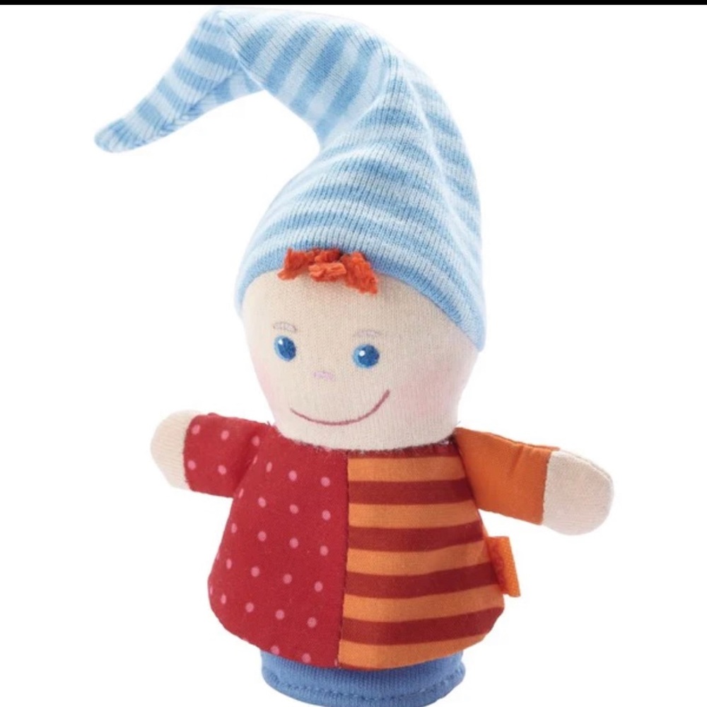 Gently Used HABA Toys Finger Puppet Kasper with some spots on his striped hat
